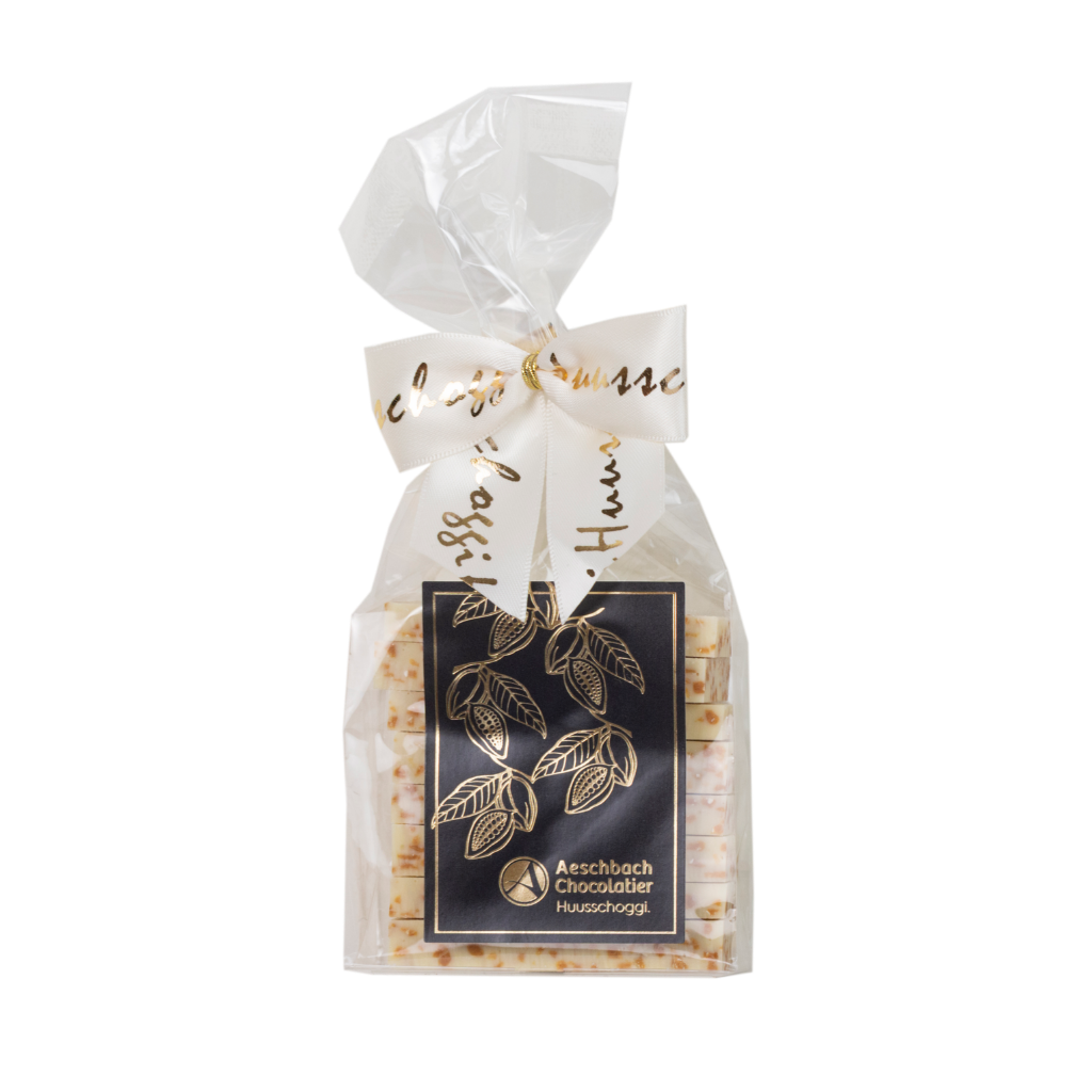 Huusschoggi im Säckli weiss mit Nougat Crunch